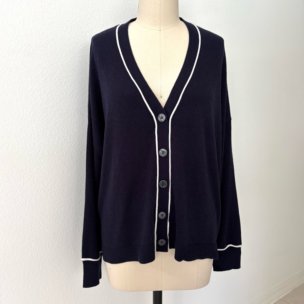 Boden Classic Cardigan NWT Navy White Lightweight Boxy Relaxed Fit US 14